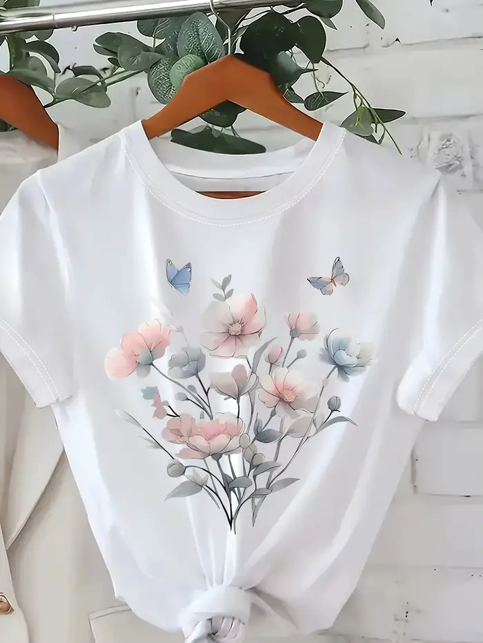 T-shirt à imprimé floral pour femme, haut rose pastel avec motif floral, léger, tous les jours, tenu