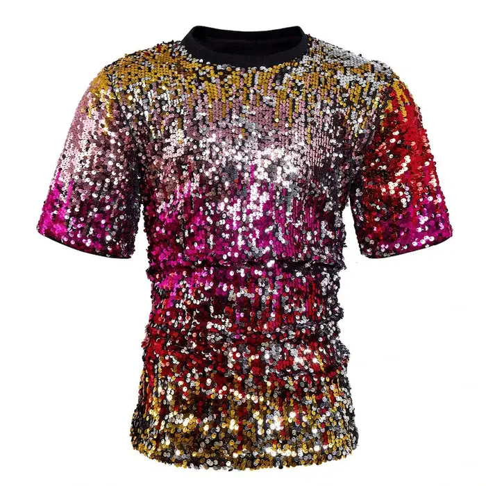T-shirts à sequins colorés à manches courtes pour hommes, collection 2026, parfaits pour les soirées brillantes et les spectacles sur scène
