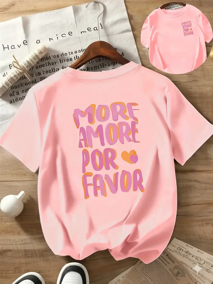 PLUS AMORE POR FAVOR T-Shirt manches courtes col rond femme imprimé rose avec coeurs Harajuku manche