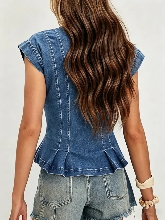 Débardeur en jean plissé sans manches pour femme, col en V, coupe ajustée, boutonné, style décontracté et tendance