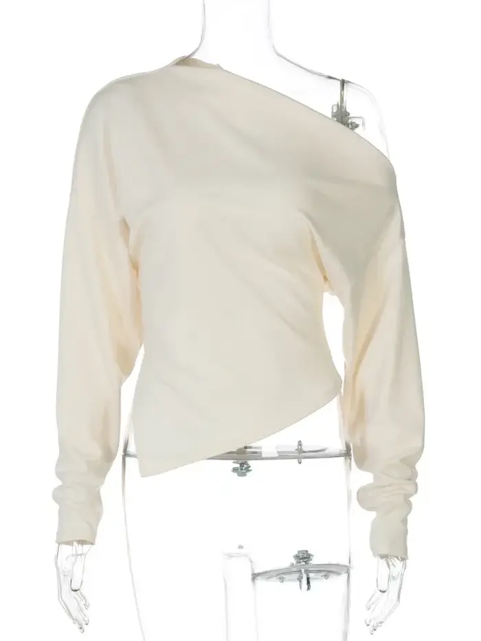 Épaule inclinée à manches longues T-shirt Sexy femmes automne mode solide col incliné dos nu froncé Club fête T-shirts