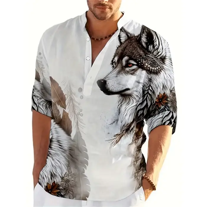 Animal loup 3D imprimé Henley chemises hommes mode Streetwear surdimensionné col montant à manches longues chemise hauts chemisier homme vêtements
