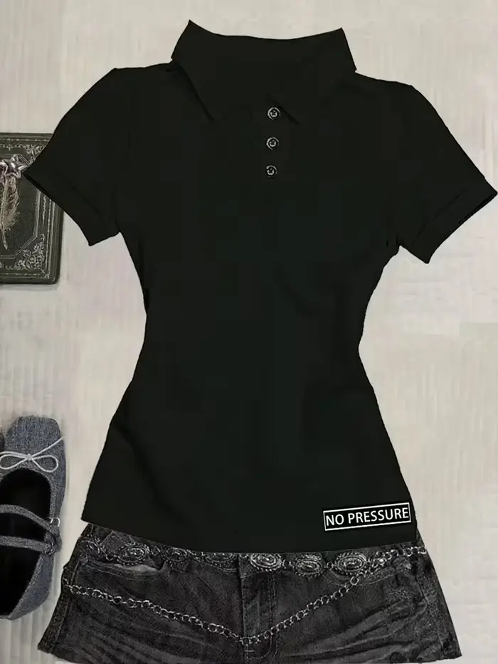 Polo slim noir Y2K pour femme, vêtements de travail, hauts imprimés rouges