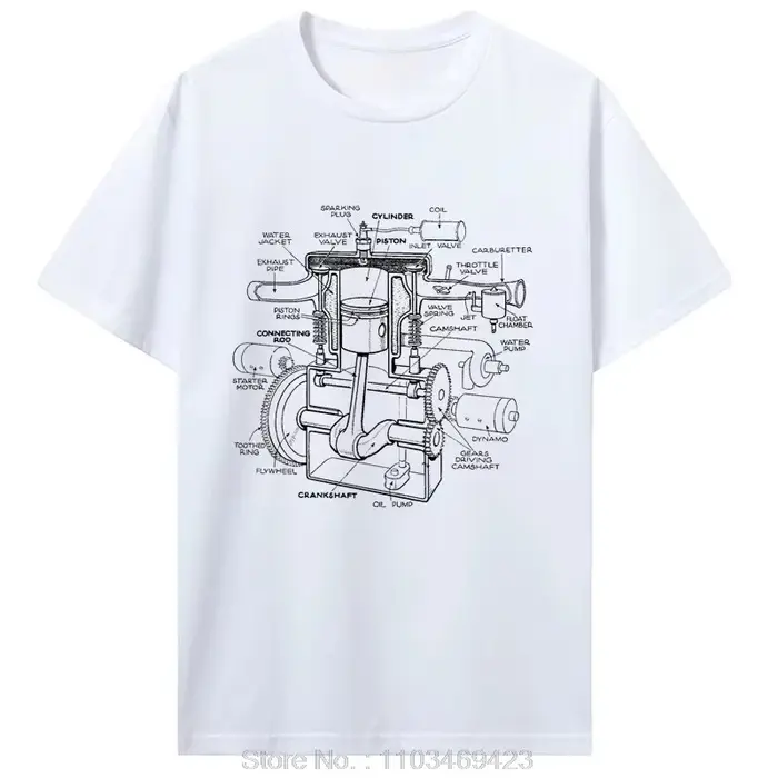 T-shirt en coton imprimé avec motif de composants de moteur de voiture pour hommes - Chemise d'été à