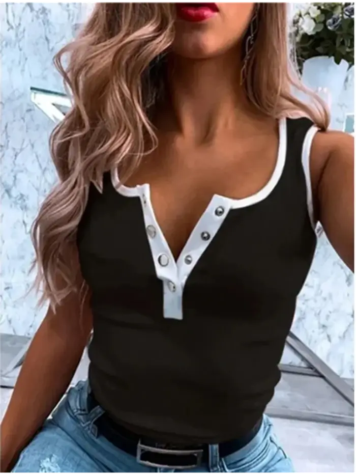 Femmes sans manches bouton mince Camisole monochromatique gilet décontracté été T-Shirt nouveau 2021