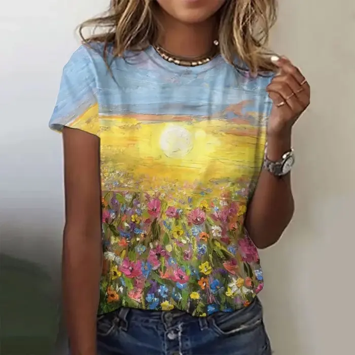 Arbres fleurs motif t-shirt pour femmes océan soleil 3D imprimé manches courtes T-Shirts été décontr