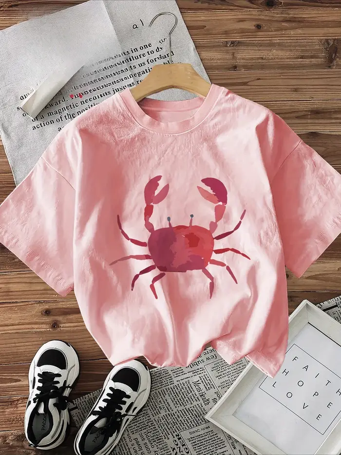 Motif de crabe imprimé T-Shirt créatif Style Simple à manches courtes col rond été femme haut décontracté doux T-Shirt vêtements