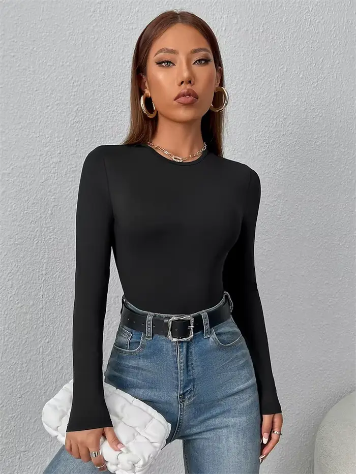 Femmes basique à manches longues col rond Blouse body automne hiver décontracté couleur unie coupe ajustée moulante combinaison Streetwear
