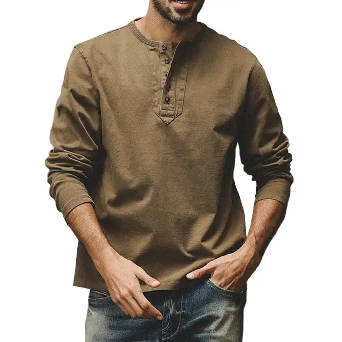 Nouveauté américain rétro col Henry T-Shirt à manches longues hommes ample décontracté haut tendance respirant coton couleur Pure