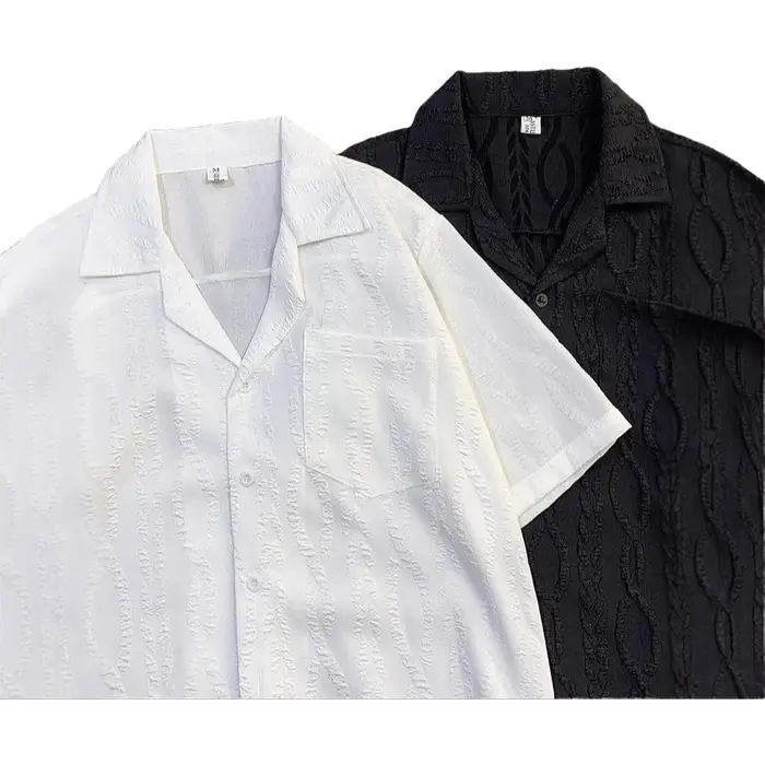 Chemise de plage ample à col cubain texturé à manches courtes pour homme – Tissu mélangé décontracté d'été à haute résistance des couleurs – Mode jeune