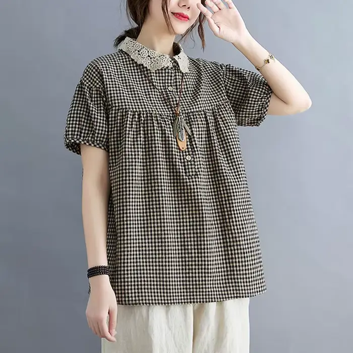 Chemises décontractées en coton et lin pour femmes, style vintage, col claudine, imprimé à carreaux,