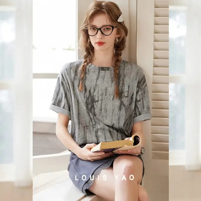 LOUIS YAO T-shirt femme 2025 été décontracté col rond couleur contrastante ample manches courtes texturé couches