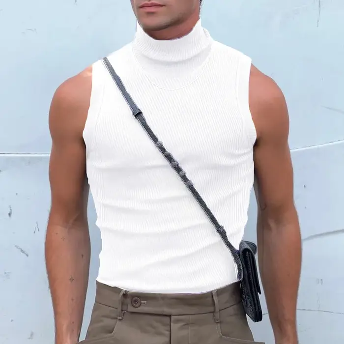 Débardeur ajusté d'été pour hommes, sans manches, col haut, couleur unie, T-Shirts d'entraînement