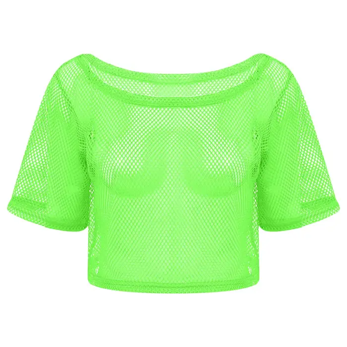 Femmes 80s Disco néon résille t-shirts hauts à manches courtes évider maille haut court Sexy Punk Camisole couverture Rave fête Clubwear