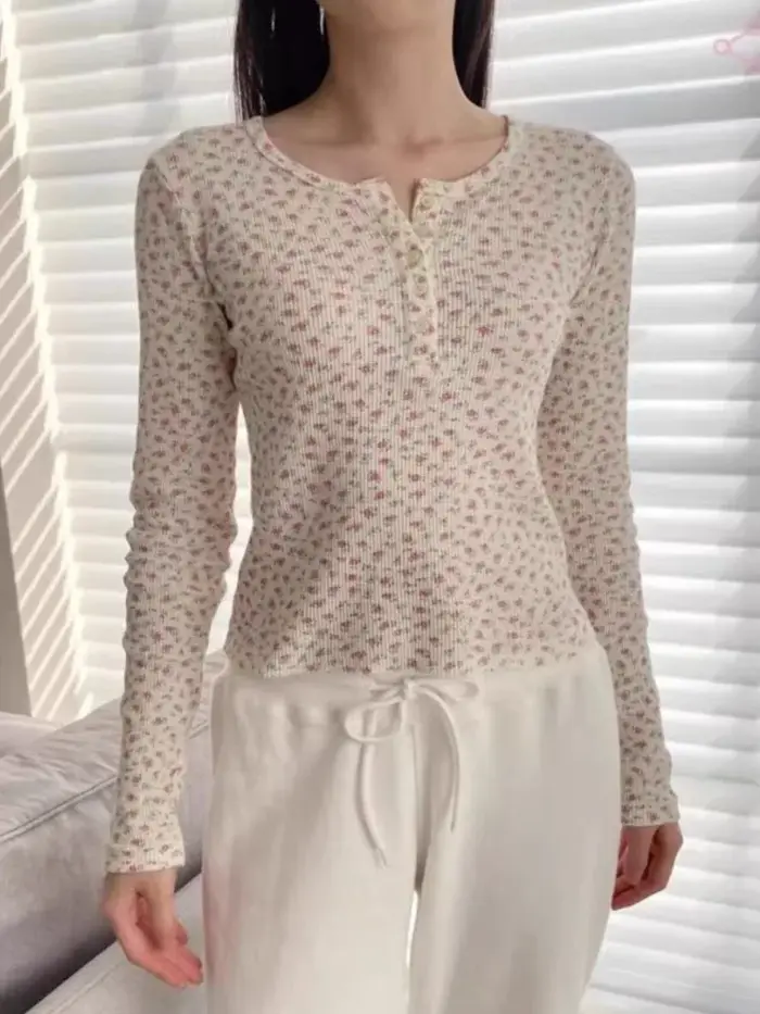 T-Shirt à manches longues gaufré à fleurs roses pour femmes