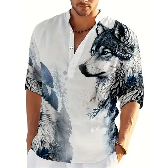 Animal loup 3D imprimé Henley chemises hommes mode Streetwear surdimensionné col montant à manches l