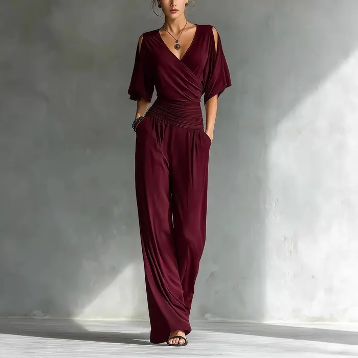 Combinaison Femme Col V Manches Courtes Taille Ample Coupe Ajustée Nouvelle Collection Été Tendance