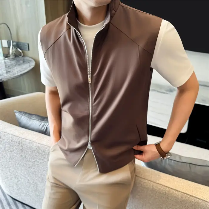 Gilet sans manches en Tencel durable pour homme - Haut léger respirant effet soie glacée avec col montant et fermeture éclair pour l'été