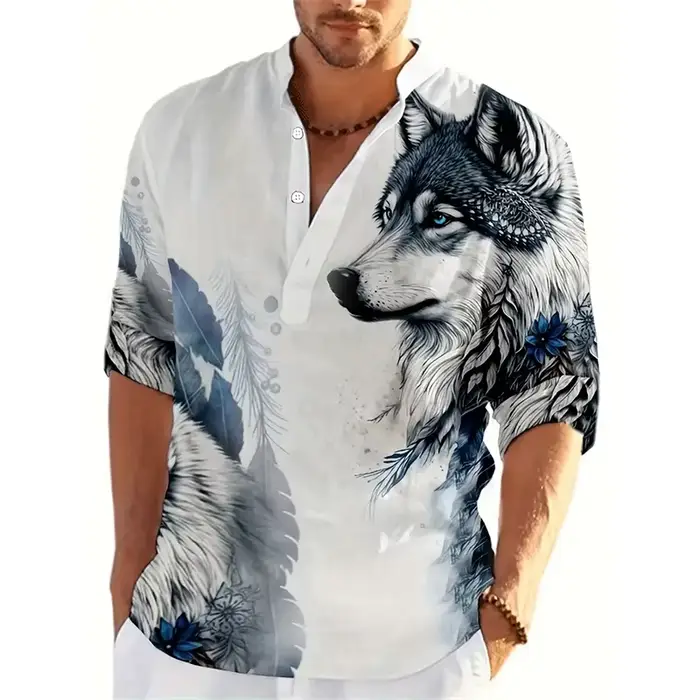 Animal loup 3D imprimé Henley chemises hommes mode Streetwear surdimensionné col montant à manches longues chemise hauts chemisier homme vêtements