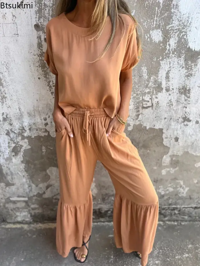 Nouveaux ensembles 2 pièces pour femmes : T-shirts amples à manches courtes et pantalons longs à volants