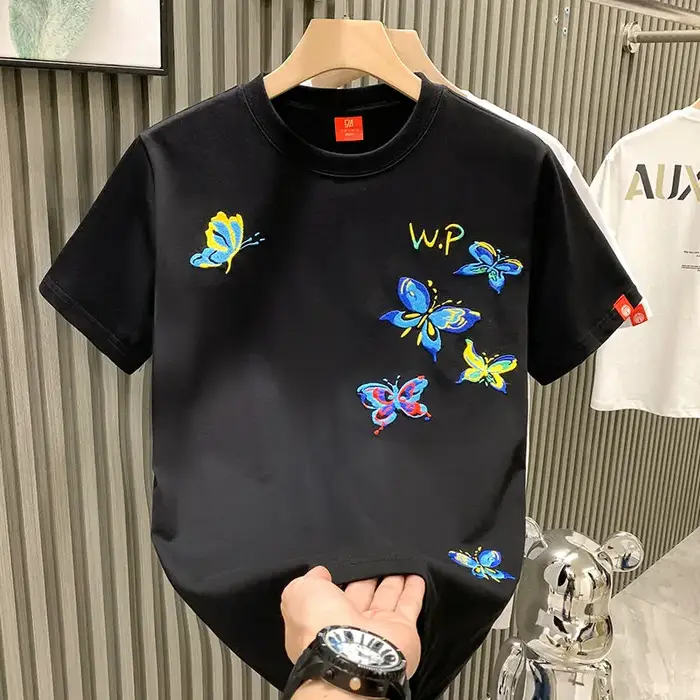 T-shirt à manches courtes brodé papillon pour hommes, pull ample de marque tendance