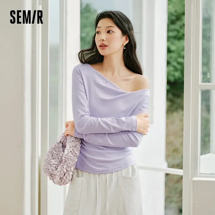 T-shirt Slim Fit Femme Semir Printemps 2026 Col Asymétrique Épaule Oblique Couleur Unie Décontracté Tendance Élégant