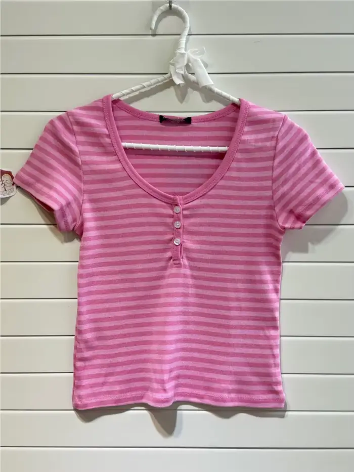 T-shirt à manches courtes rayé rose pour femme, nouveau modèle d'été en coton, col rond, coupe ajust