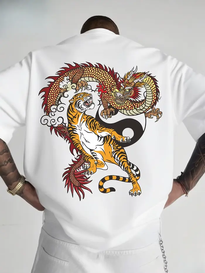 T-shirt pour homme avec impression par transfert thermique « Dragon et Tigre »