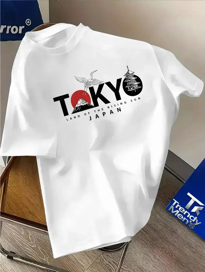 T-shirts graphiques pour hommes, sur le thème de Tokyo, avec un motif de lever de soleil et d'arche 