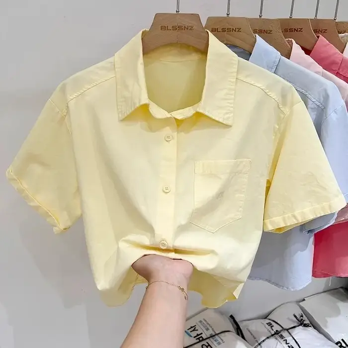 Été coton à manches courtes hauts femmes 2025 nouveaux cols Polo chemise courte brodée Blouses décontractées amples