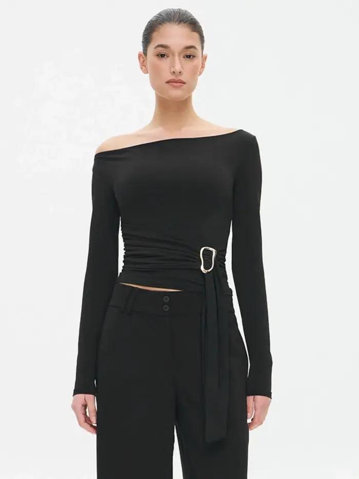 T-shirts à manches longues pour femmes vêtements esthétiques Slash cou haut court glands t-shirt couleur unie Camisetas coupe ajustée Ropa De Mujer