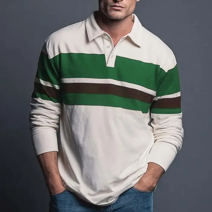 Polo de rugby à manches longues pour homme – Haut à col rayé style preppy pour le campus, les rassemblements décontractés et le quotidien