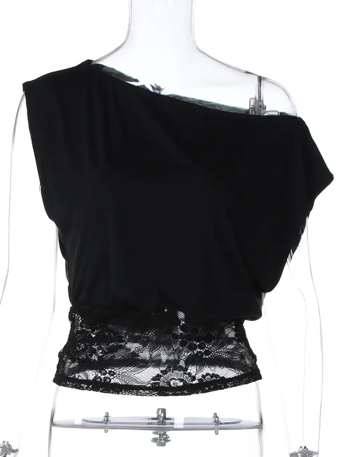 Dulzura été mode Sexy épaule inclinée dentelle voir à travers Patchwork T-Shirt femmes solide décont