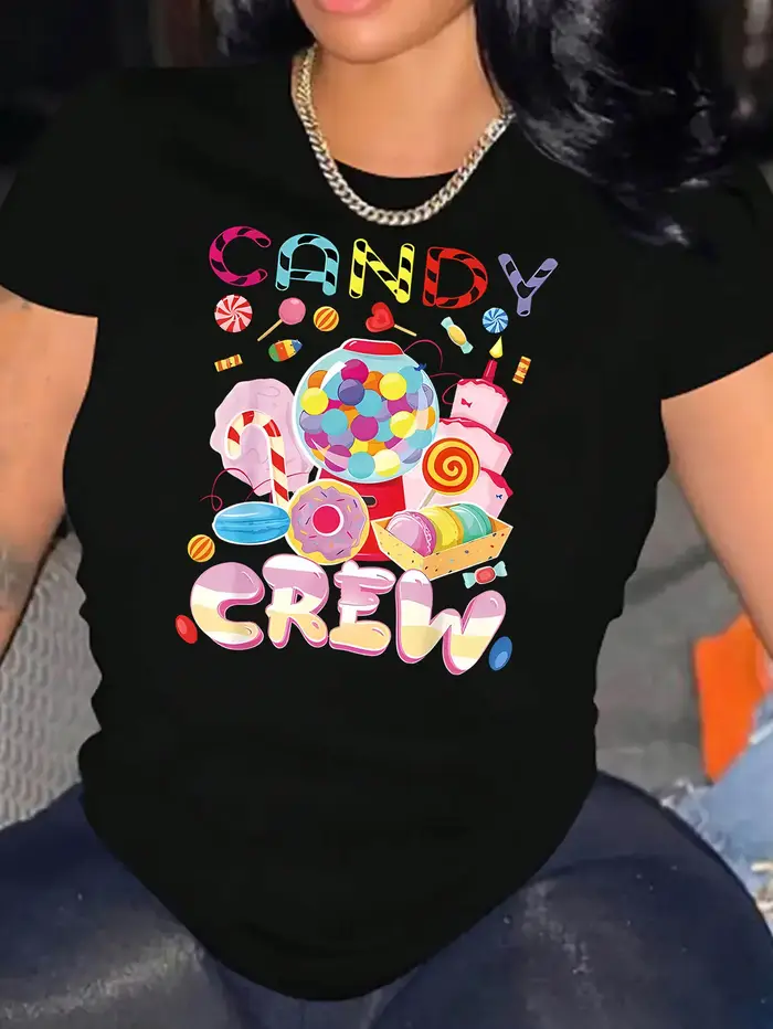 T-shirt à imprimé graphique Candy Crew pour femmes, noir, décontracté, manches courtes, col rond, av