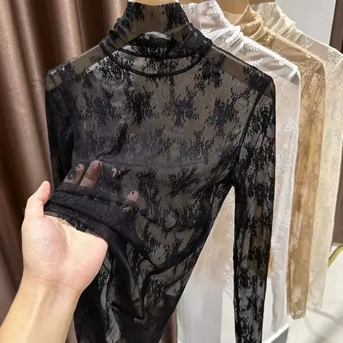 Femmes Sexy à manches longues dentelle Blouses col haut vêtements intérieurs dentelle Crochet t-shir