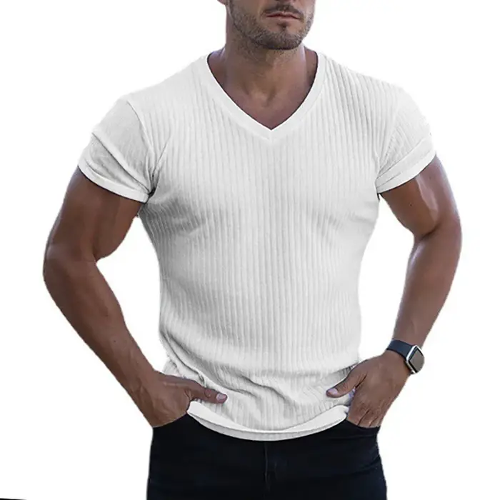 Hommes col en V à manches courtes T-shirt Fitness coupe ajustée sport
