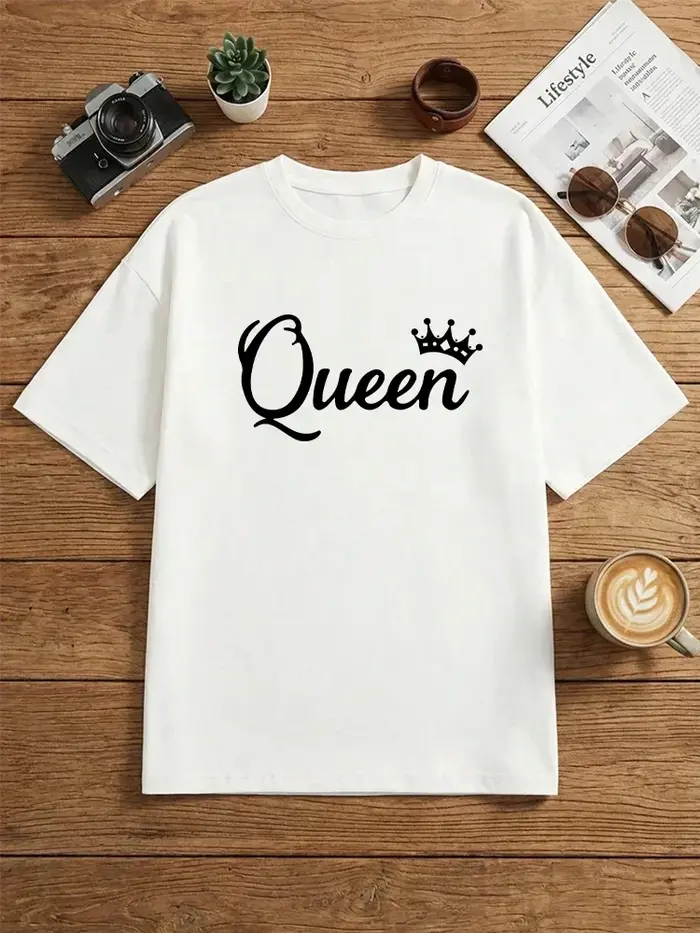 T-shirt Oversize Imprimé Queen 2026 Nouvelle Collection Femme Printemps-Été – Haut Décontracté Quotidien à Manches Courtes en Coton – Vêtements Féminins