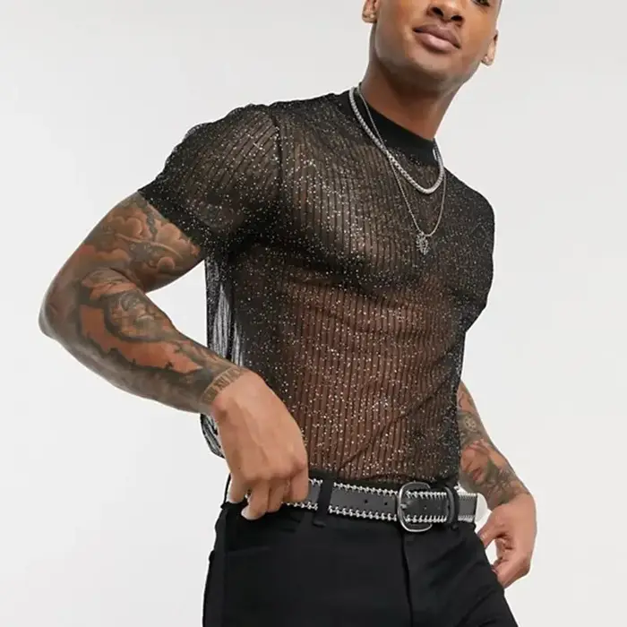 T-shirt à Manches Courtes en Maille pour Homme, Vêtement Sexy, Col en Y, Transparent, Brcorporelle, 