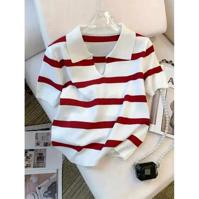 Nouveau pull à col rayé 2026 – Haut court tricoté polyvalent à manches courtes pour femme
