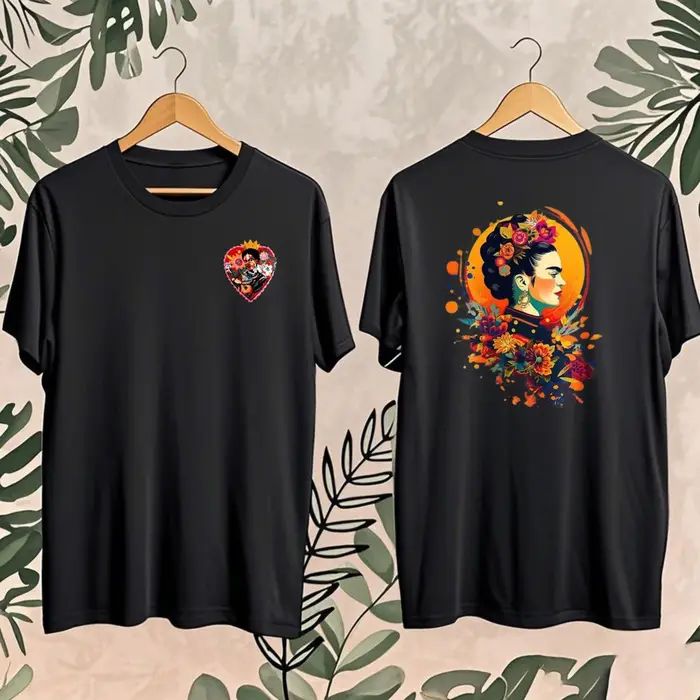 T-shirt imprimé Frida Kahlo Art Botanique, Coton Double Face Décontracté, Style Rétro Inspiré de l'A