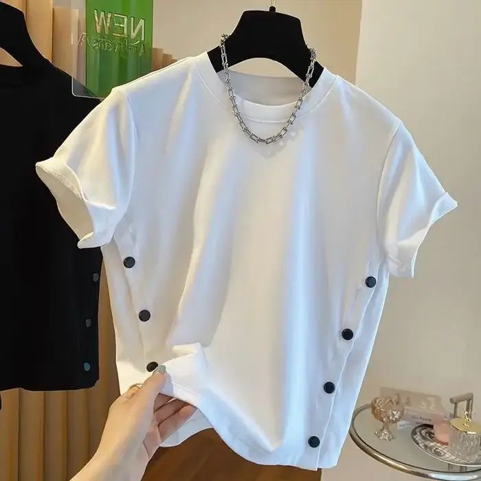 2025 été Double boutonnage chemise nouveau ample décontracté bouton fente col rond hommes T-Shirt à