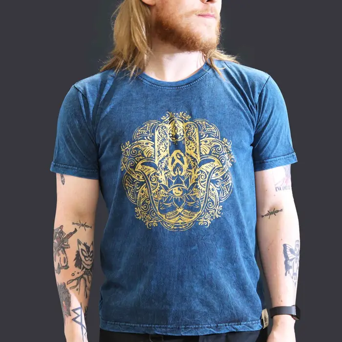 Nomad Sari Stonewashed Cotton T-Shirt – Hamsa – Blue – Large
