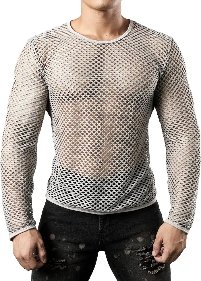2025 hommes t-shirt maille Transparent col rond à manches longues T-shirts Sexy Streetwear mode fête discothèque