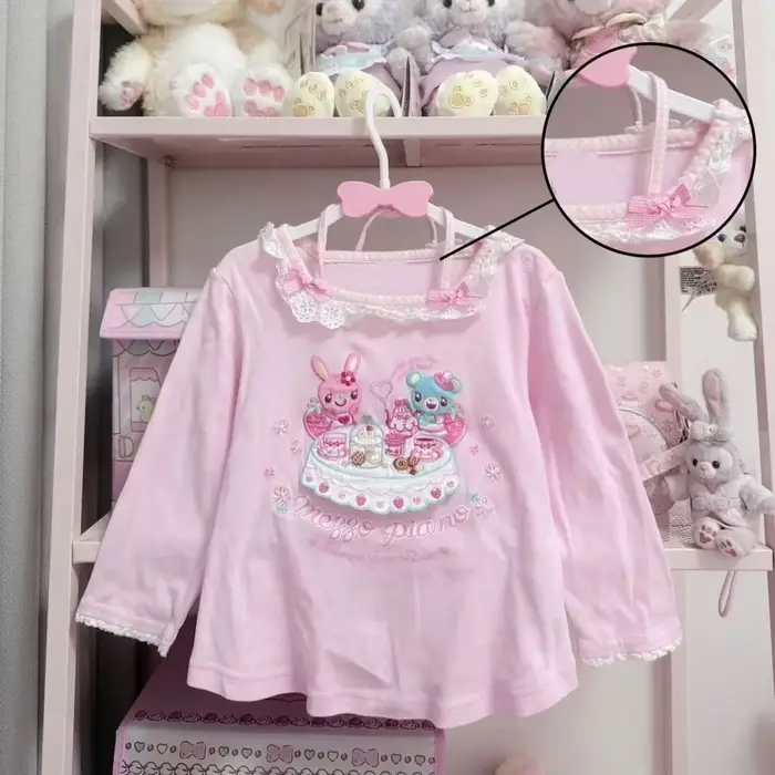Japonais Kawaii dessin animé graphique imprimé T-shirts femmes rose doux dentelle couture hauts sous