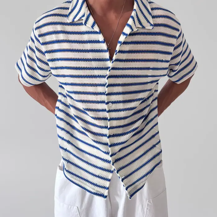 Chemise à manches courtes rayée bleue pour homme, coupe ample et légère, col classique, haut décontr