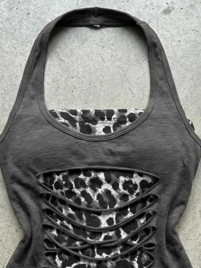 Débardeur Halter Léopard Esthétique Y2K Effet Deux Pièces pour Femme