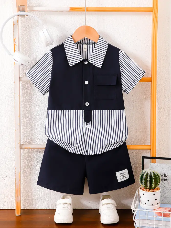 Ensemble 2 pièces pour garçons : Chemise d'été à manches courtes avec boutons et design à empiècemen