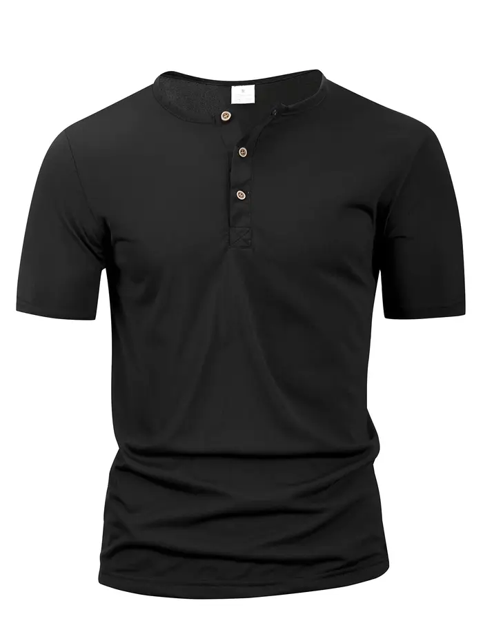 Été hommes col Henley T-shirts bouton mince décontracté mâle couleur unie à manches courtes