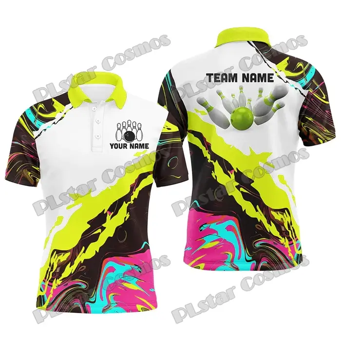 Camo Bowling Ball And Pins Option multicolore Nom personnalisé 3D Imprimé Polo pour hommes Été Unisexe