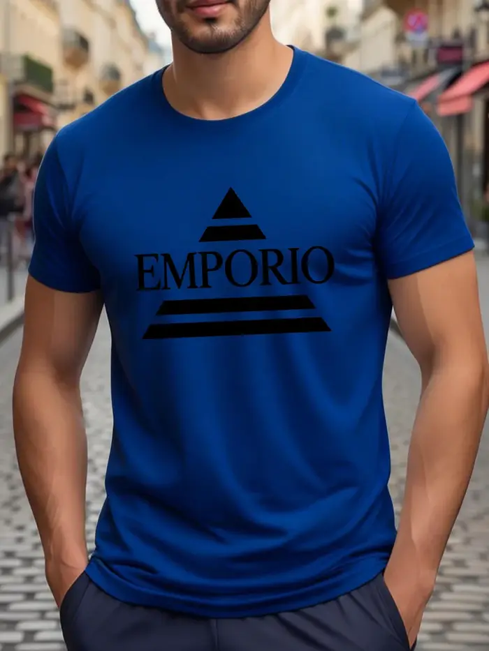 T-shirt blanc à col rond et manches courtes avec triangle noir et impression de lettres « EMPORIO »
